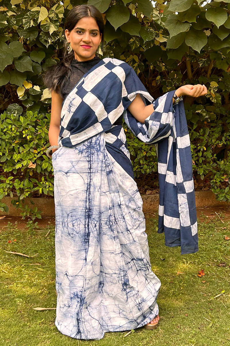Lovely Blue Mul Cotton Saree with Pocket and Unstitched Blouse