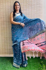 Effortless Elegance – Blue Mul Cotton Digital Printed Pre-Stitched Saree