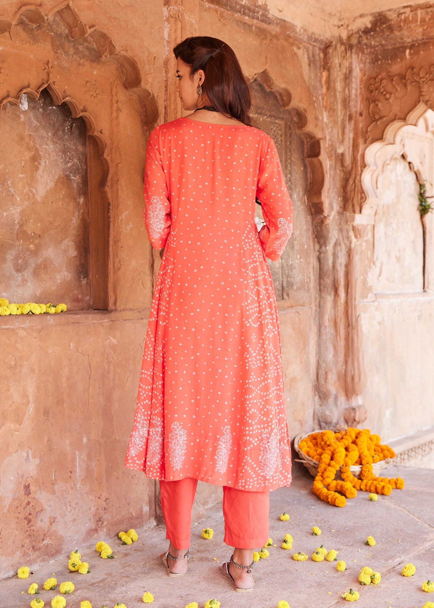 Red Cotton Flared Kurta with Classic Bandhej Print