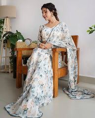 Elegant White Georgette Pre-Stitched Saree