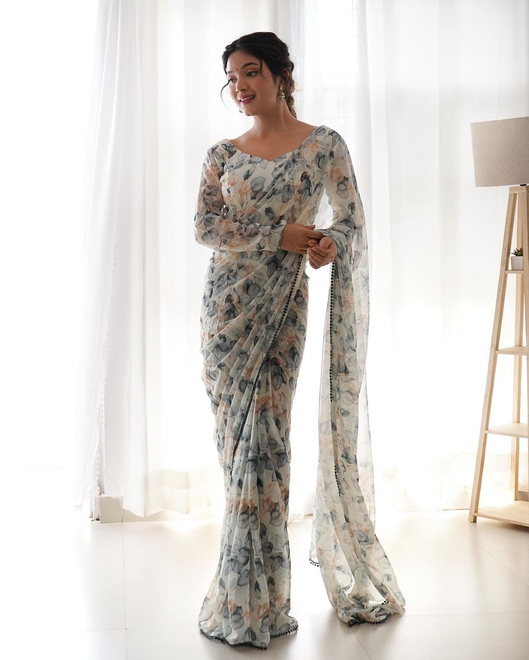 Elegant White Georgette Pre-Stitched Saree