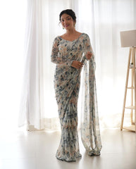 Elegant White Georgette Pre-Stitched Saree