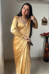 Beige Satin Silk Pre-Pleated Ready-to-Wear Saree with Unstitched Blouse