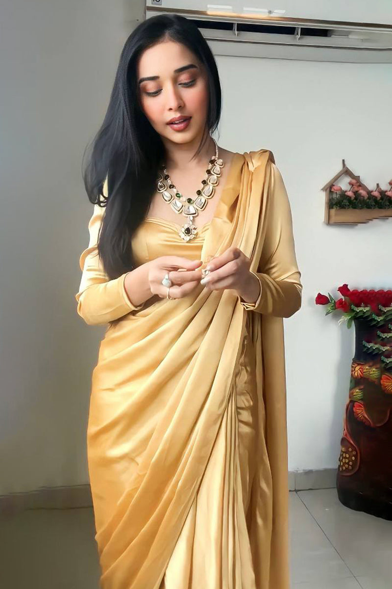 Beige Satin Silk Pre-Pleated Ready-to-Wear Saree with Unstitched Blouse