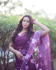 Refined Elegance – Wine Organza Silk Pre-Stitched Saree