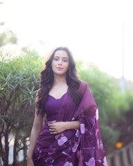 Refined Elegance – Wine Organza Silk Pre-Stitched Saree