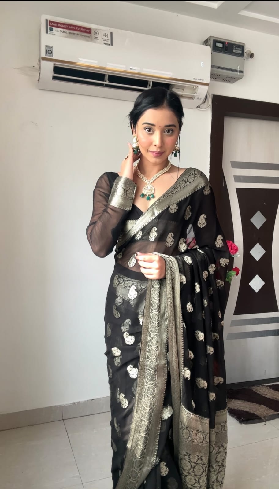 Elegant Black Cotton Silk Pre-Stitched Saree with Jacquard Detailing