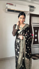 Elegant Black Cotton Silk Pre-Stitched Saree with Jacquard Detailing