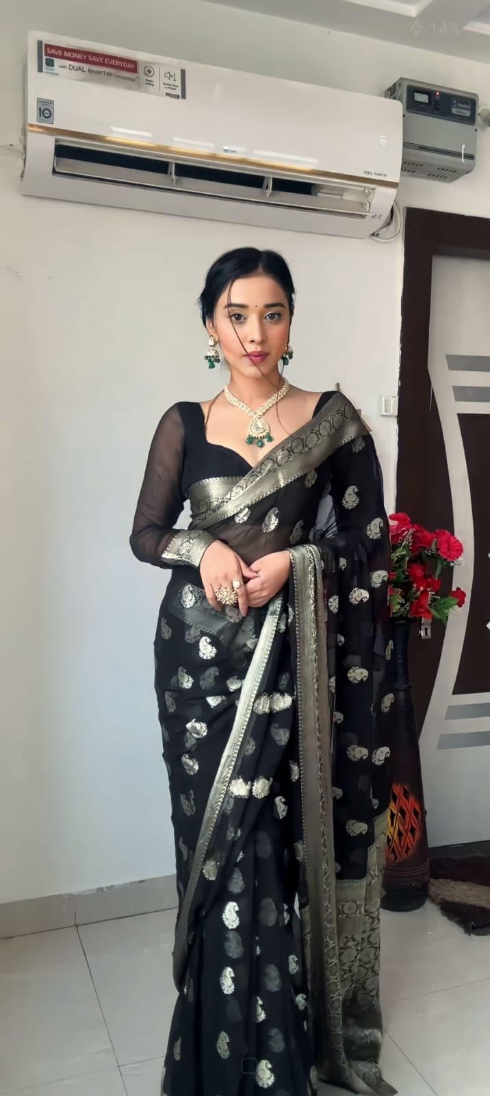 Elegant Black Cotton Silk Pre-Stitched Saree with Jacquard Detailing