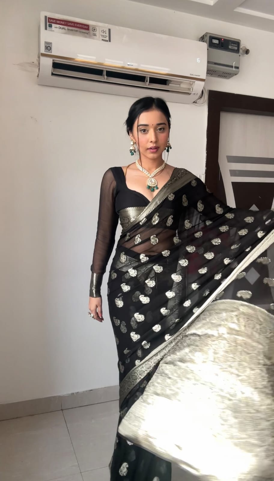 Elegant Black Cotton Silk Pre-Stitched Saree with Jacquard Detailing