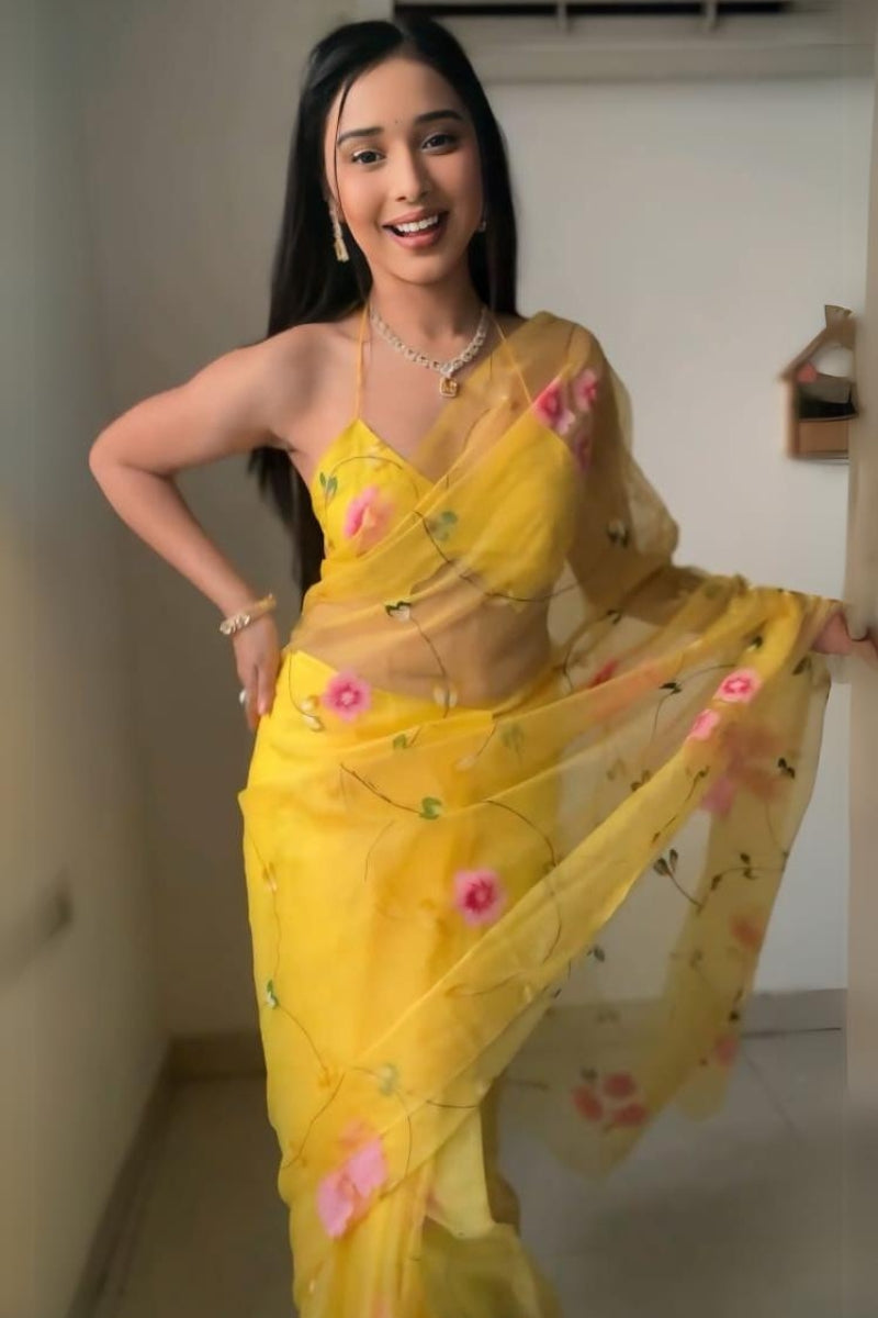 Yellow Organza Silk Sarees