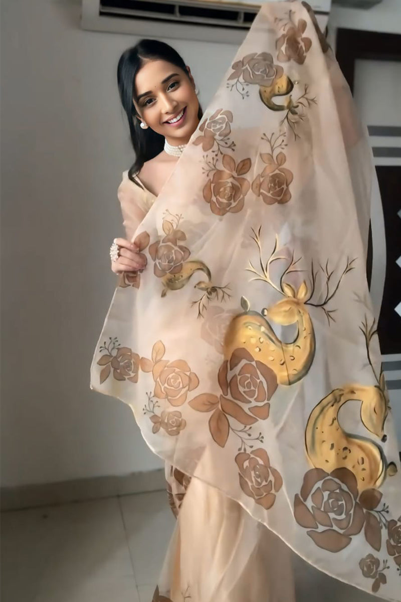 Beige Organza Silk Saree