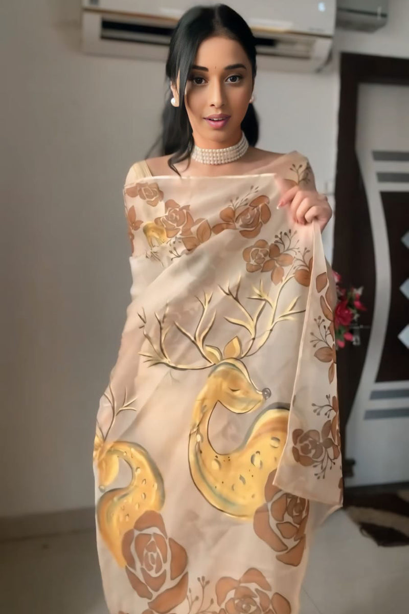 Beige Organza Silk Saree