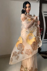 Beige Organza Silk Saree