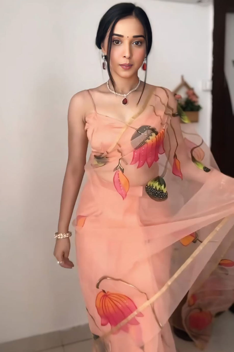 Peach Organza Silk Saree