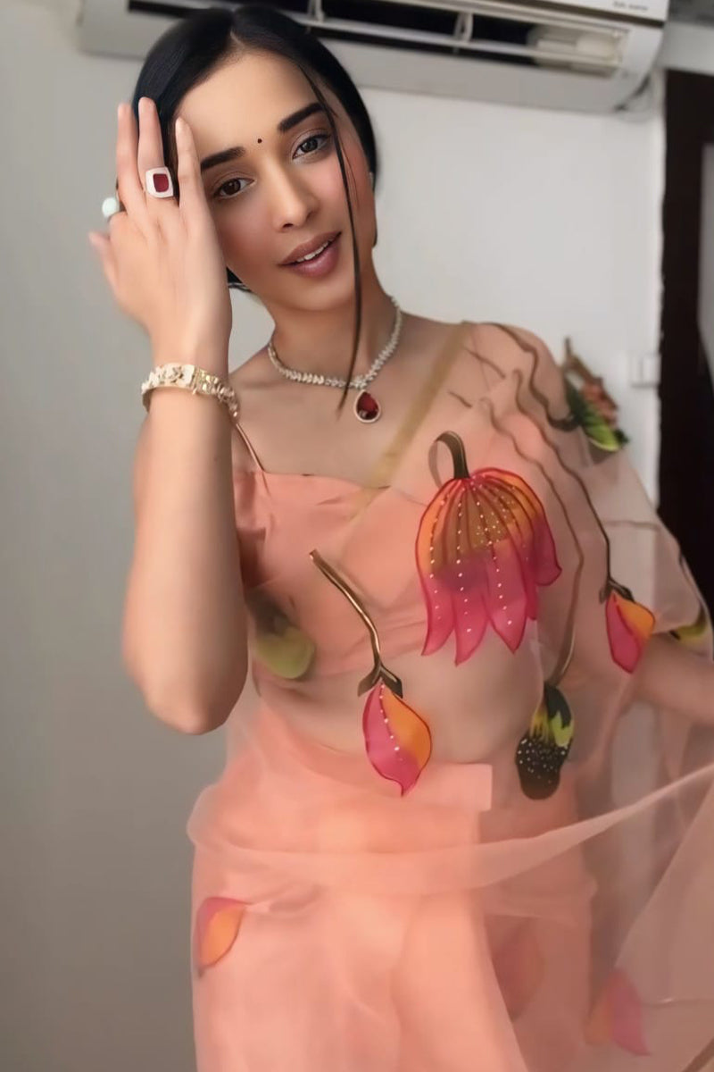Peach Organza Silk Saree