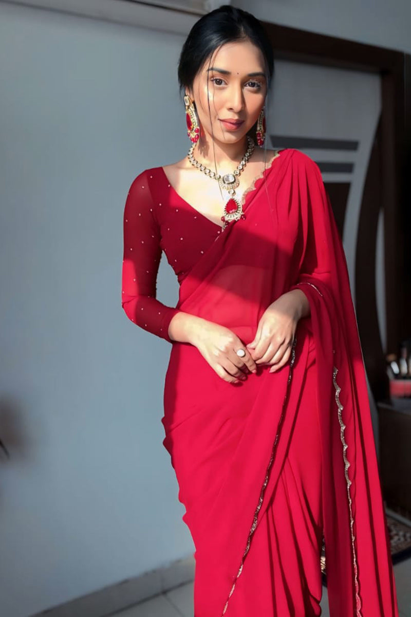 Effortless Elegance – Red Georgette Ready-to-Wear Saree