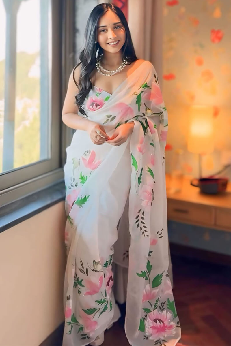 Timeless Sophistication – Off White Organza Silk Pre-Stitched Saree