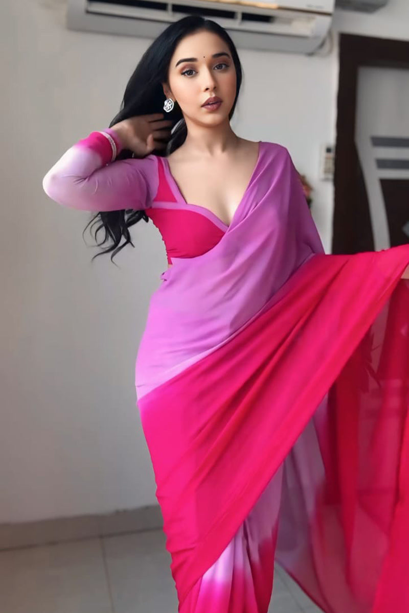 Lavender & Pink Georgette Pre-Stitched Saree