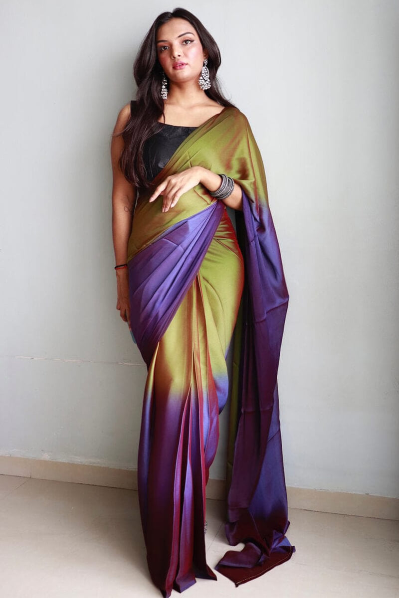 Mehndi & Blue Chiffon Silk Pre-Stitched Saree with Digital Print