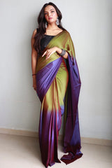 Mehndi & Blue Chiffon Silk Pre-Stitched Saree with Digital Print