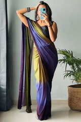Mehndi & Blue Chiffon Silk Pre-Stitched Saree with Digital Print