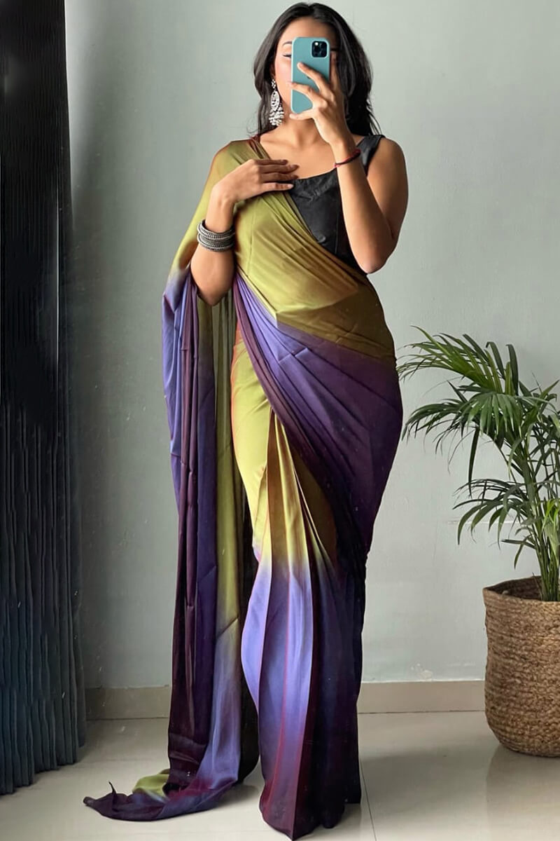 Mehndi & Blue Chiffon Silk Pre-Stitched Saree with Digital Print