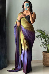 Mehndi & Blue Chiffon Silk Pre-Stitched Saree with Digital Print