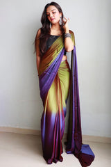 Mehndi & Blue Chiffon Silk Pre-Stitched Saree with Digital Print