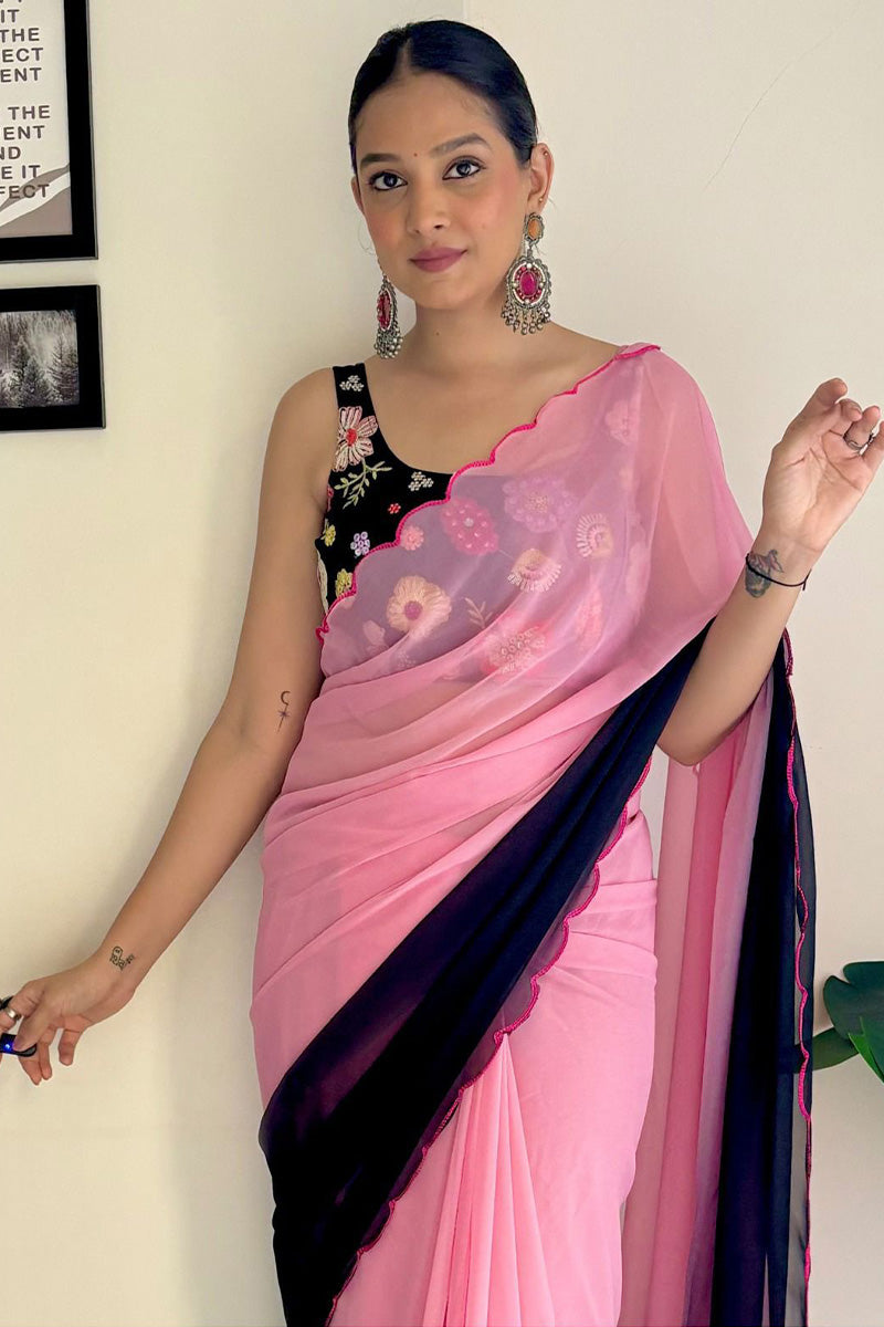 Elegant Dark Pink Georgette Saree with Printed & Sequin Embroidery – Ready To Wear Stitched Saree with Unstitched Blouse Piece