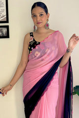 Elegant Dark Pink Georgette Saree with Printed & Sequin Embroidery – Ready To Wear Stitched Saree with Unstitched Blouse Piece