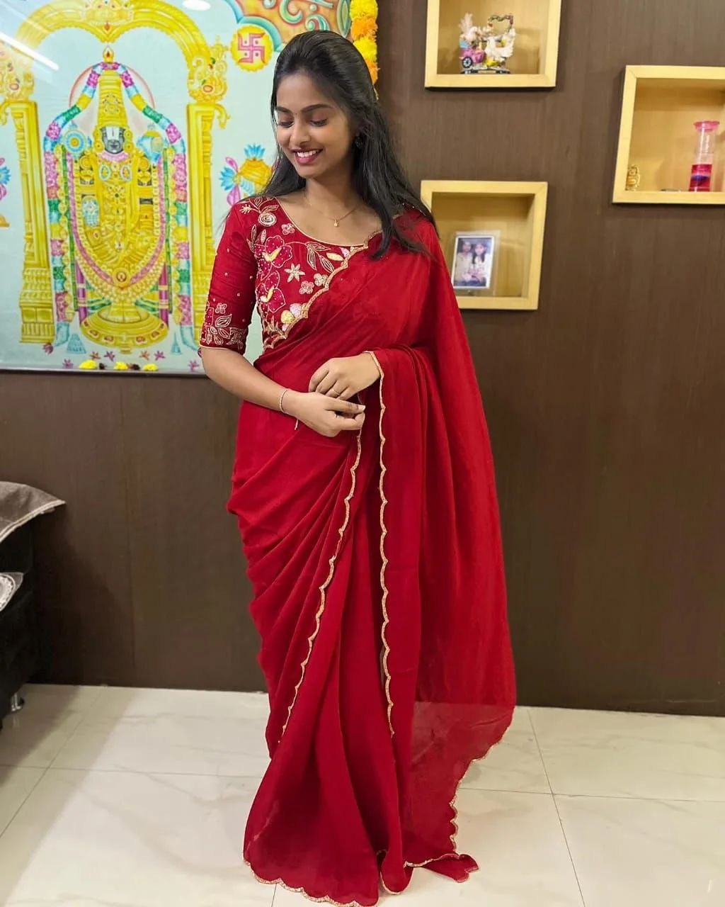 Stunning Red Georgette Saree with Hand Sequence Work