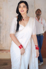 Elegant White Rangoli Silk Saree with Embroidered Border