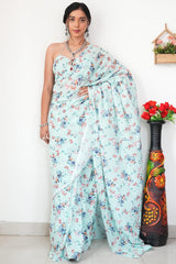 Light Sea Green Printed Satin Silk Saree