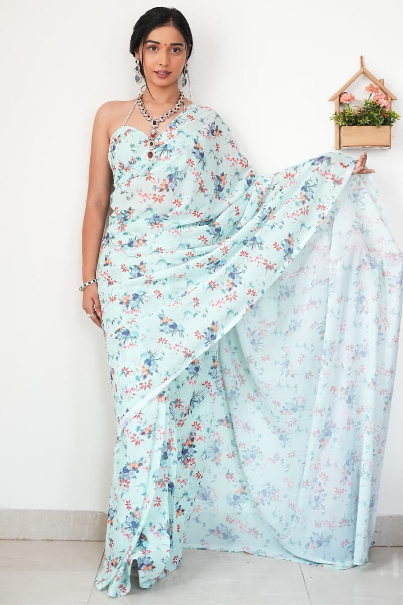 Light Sea Green Printed Satin Silk Saree