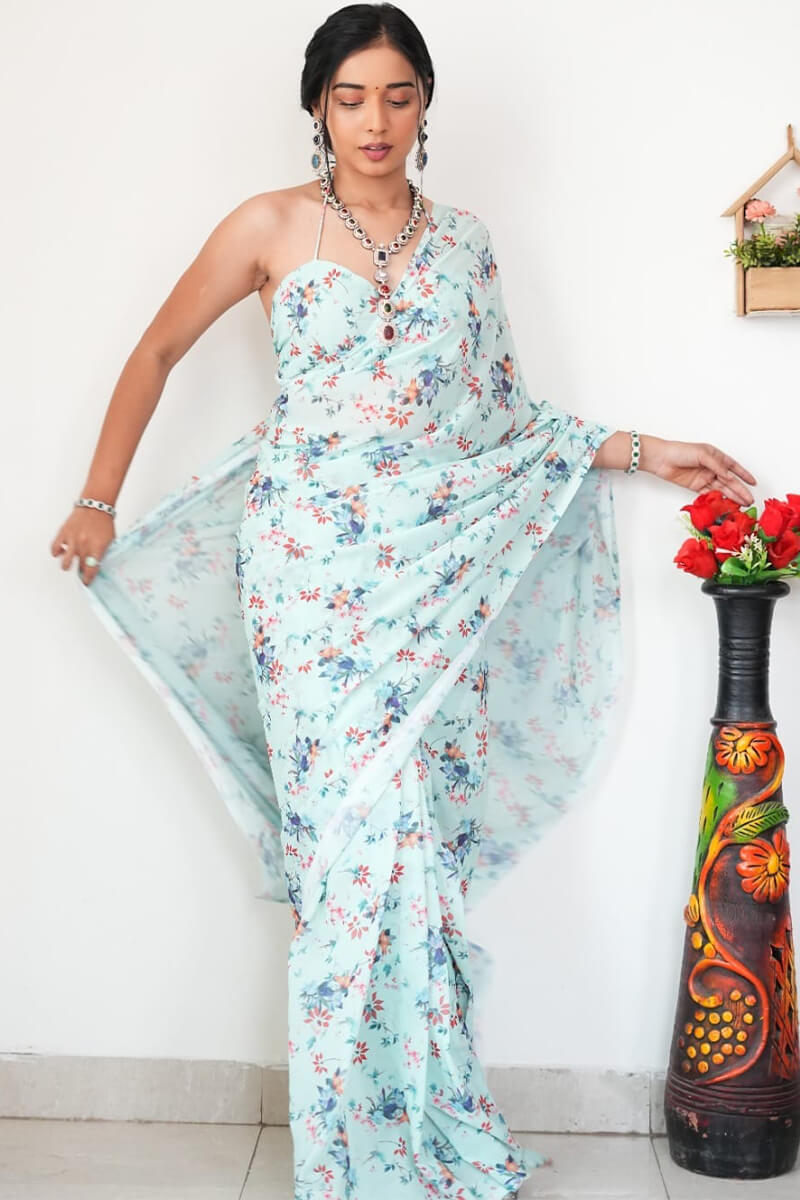 Light Sea Green Printed Satin Silk Saree