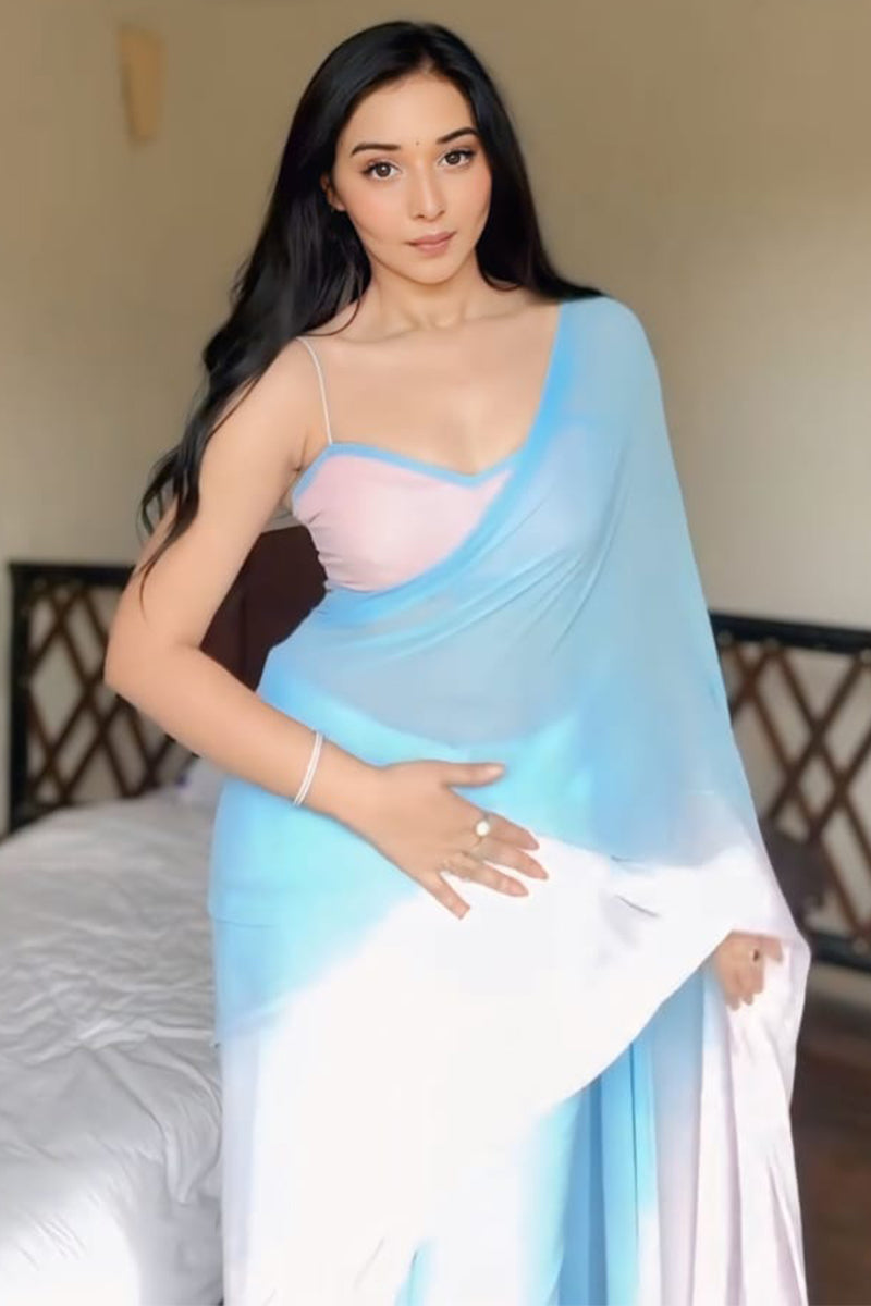 Graceful Sky & Baby Pink Georgette Pre-Stitched Saree