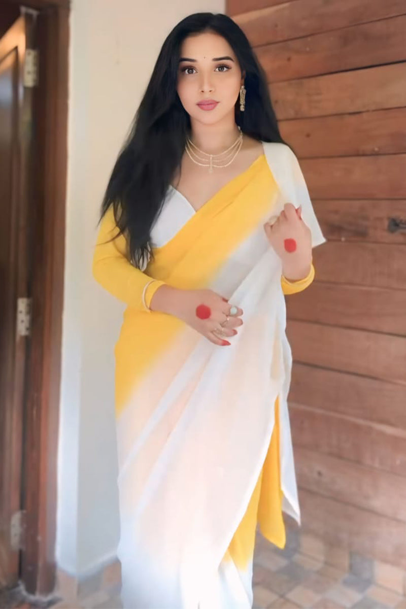 Yellow & White Georgette Saree