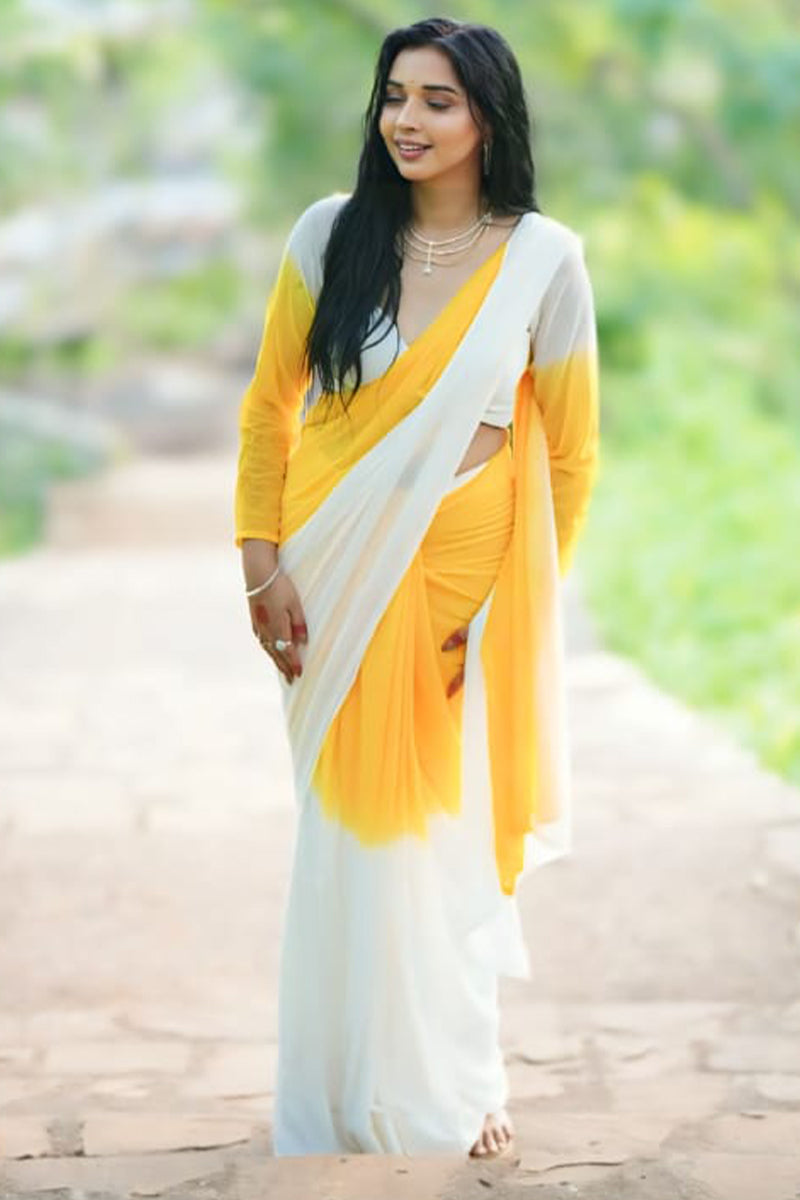 Yellow & White Georgette Saree