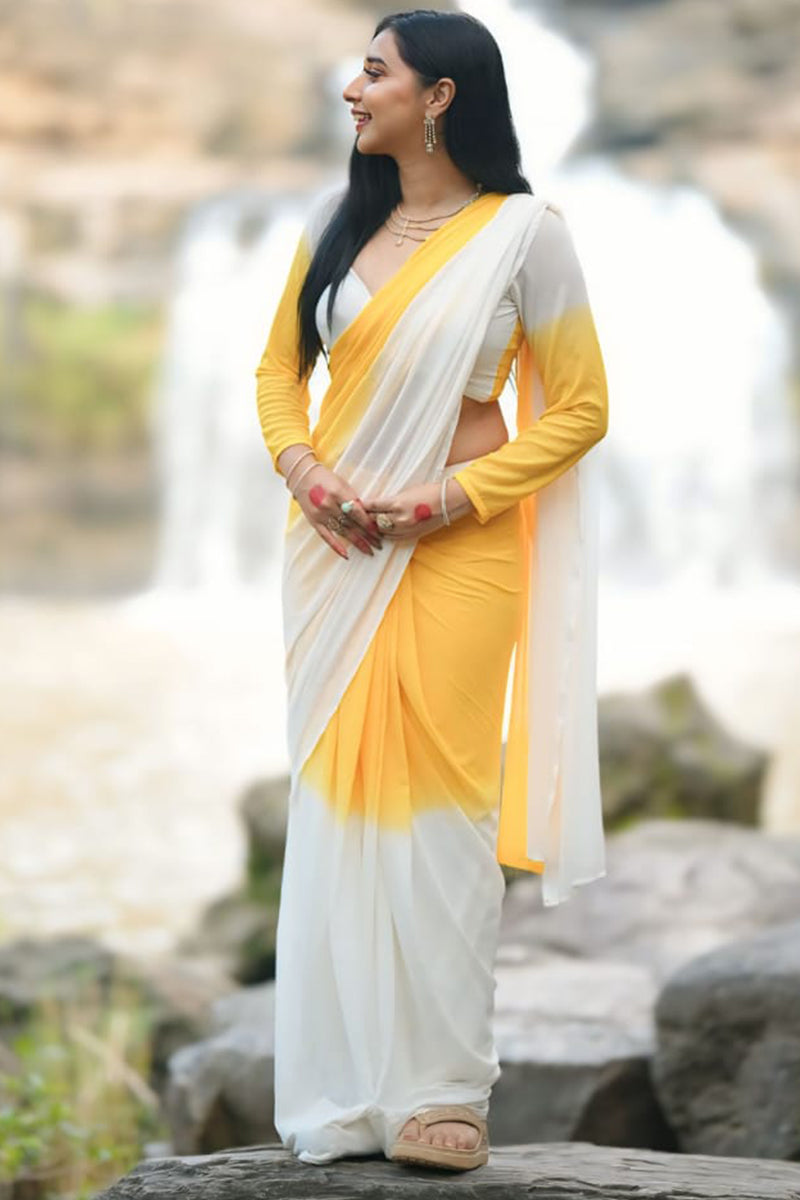 Yellow & White Georgette Saree