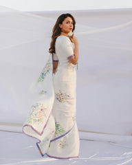 Timeless Elegance – White Satin Silk Pre-Stitched Saree