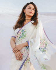 Timeless Elegance – White Satin Silk Pre-Stitched Saree