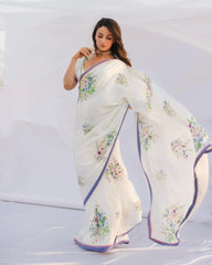Timeless Elegance – White Satin Silk Pre-Stitched Saree