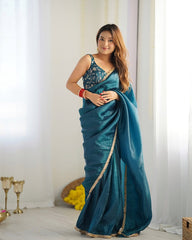 Opulent  Crush Silk Saree in Blue with Golden Border