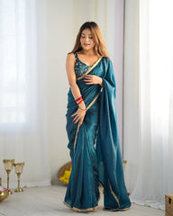 Opulent  Crush Silk Saree in Blue with Golden Border