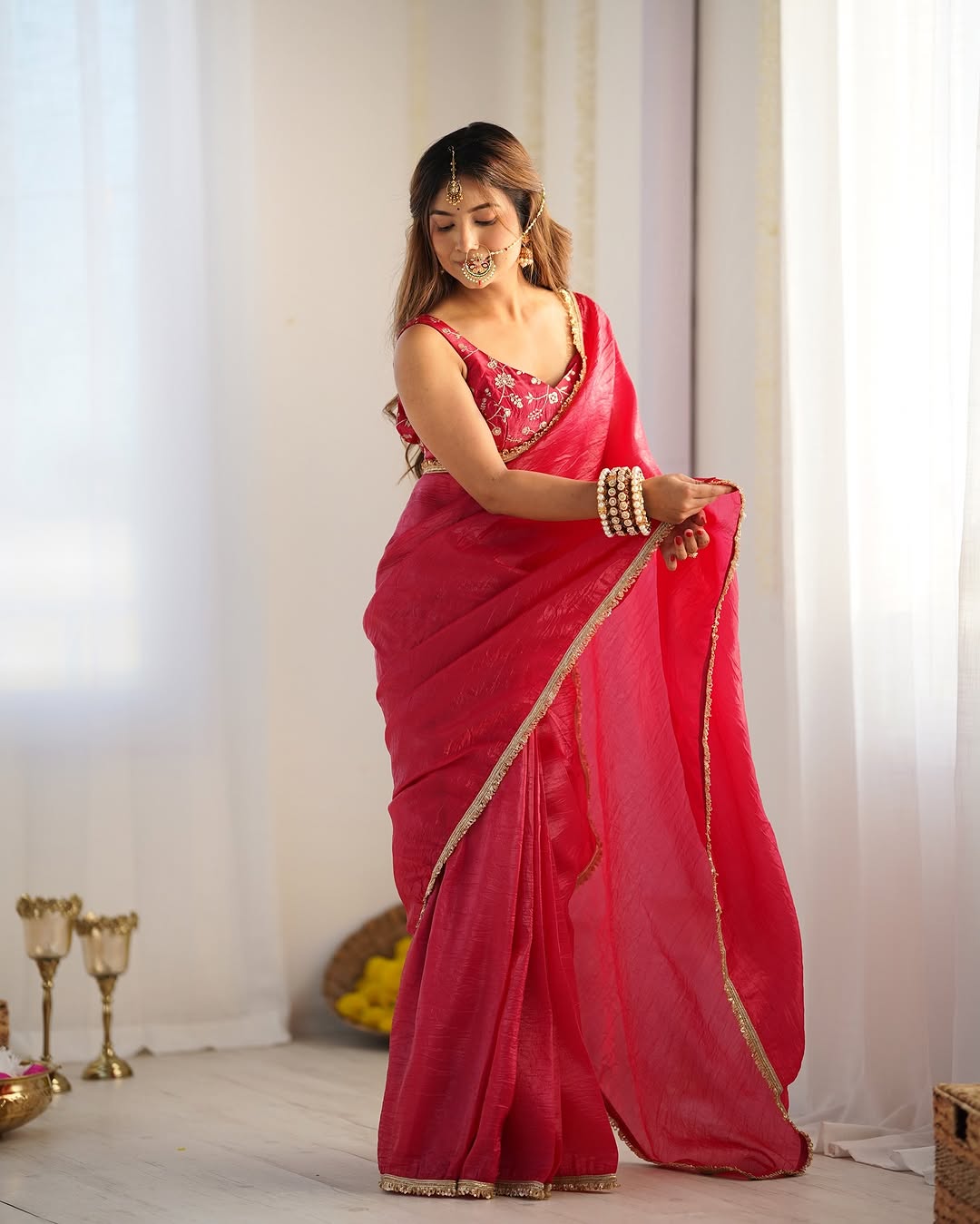 Crush Silk Saree in Dark Pink with Golden Border Work – Stitched Saree with Blouse