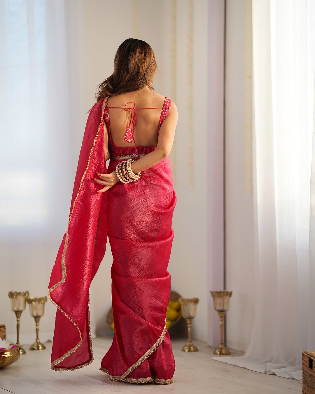 Crush Silk Saree in Dark Pink with Golden Border Work – Stitched Saree with Blouse