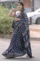 Charismatic Navy Blue Cotton Pre-Stitched Saree