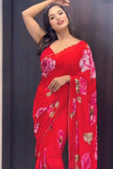 Red Georgette Pre-Stitched Saree with Handwork and Golden Lace Border