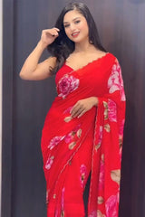 Red Georgette Pre-Stitched Saree with Handwork and Golden Lace Border